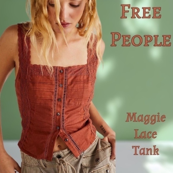 FREE PEOPLE Maggie Lace Square Neck Sleeveless Button Front Tank NWT/LG - Picture 1 of 16